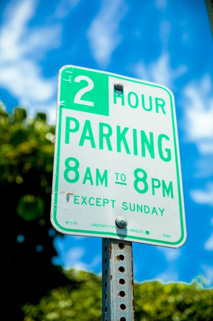 A round no parking traffic sign with a red border and blue background featuring a red diagonal slash, mounted on a metal pole, is affixed to a textured brick wall made of light-colored stones and dark